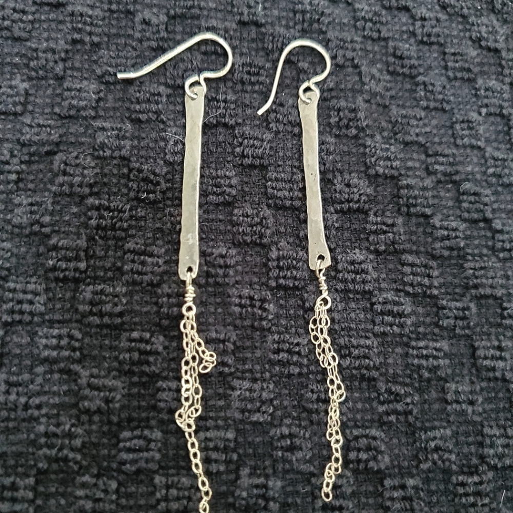 925 Sterling Flat Bar Dangle Chain Earrings - Picture 3 of 6